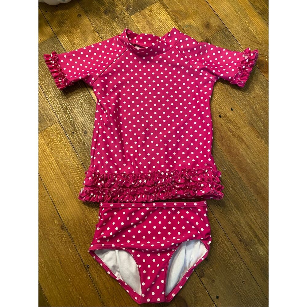 Ruffle Butts 4T toddler girl bikini set rash guard T-shirt top pink white dots